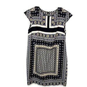 Mango Basics Shift Dress Womens XS Blue Geometric Tile Print Cap Sleeve Mini